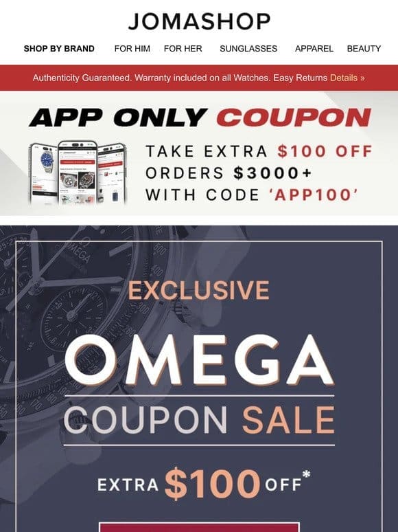 OMEGA WATCHES: Extra $100 Off!