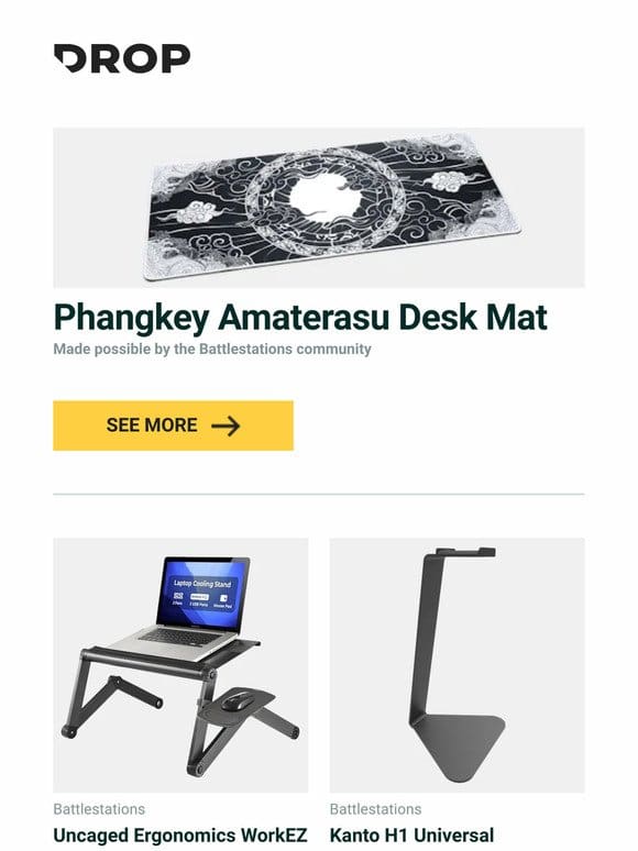 Phangkey Amaterasu Desk Mat， Uncaged Ergonomics WorkEZ Cool Adjustable Laptop Stand， Kanto H1 Universal Headphone Stand and more…