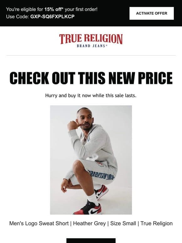 Price drop! The Men’s Logo Sweat Short | Heather Grey | Size Small | True Religion is now on sale…