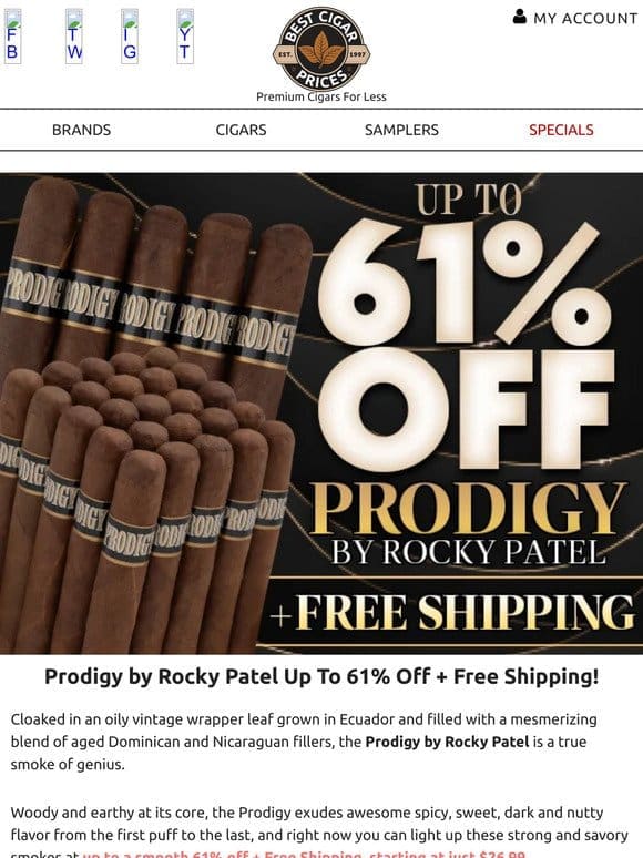 Prodigy by Rocky Patel Up To 61% Off + Free Shipping