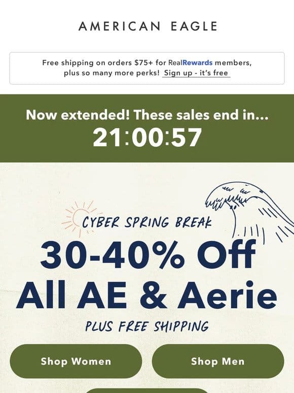 Surprise! 30-40% OFF AE + Aerie PLUS free shipping extended 24 hours