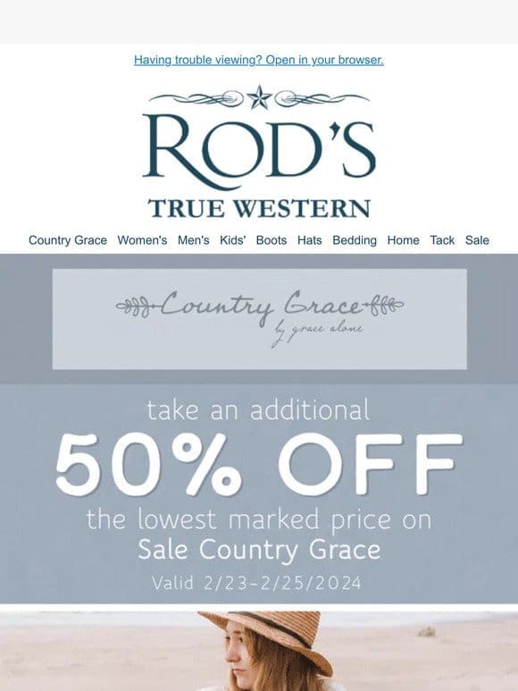 Take Advantage of an EXTRA 50% OFF Sale Country Grace!