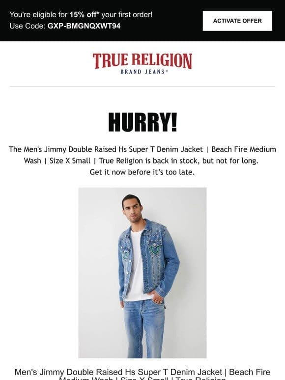 The Men’s Jimmy Double Raised Hs Super T Denim Jacket | Beach Fire Medium Wash | Size X Small | True Religion is back! Limited quantity!