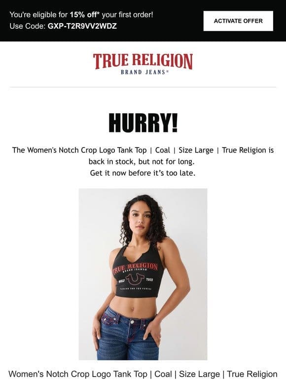 The Women’s Notch Crop Logo Tank Top | Coal | Size Large | True Religion is back! Limited quantity!