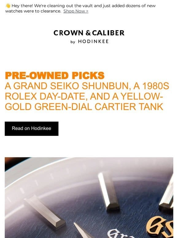 This Week’s Pre-Owned Picks: A Grand Seiko Shunbun， A 1980s Rolex Day-Date， And A Yellow-Gold Green-Dial Cartier Tank