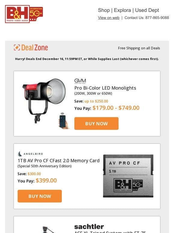 Today’s Deals: GVM Pro Bi-Color LED Monolights， Angelbird 1TB CFast 2.0 Memory Card， Sachtler ACE XL Tripod System w/ FT 75 Legs & Mid-Level Spreader， Tenba Tools Packlite Travel Bags and more