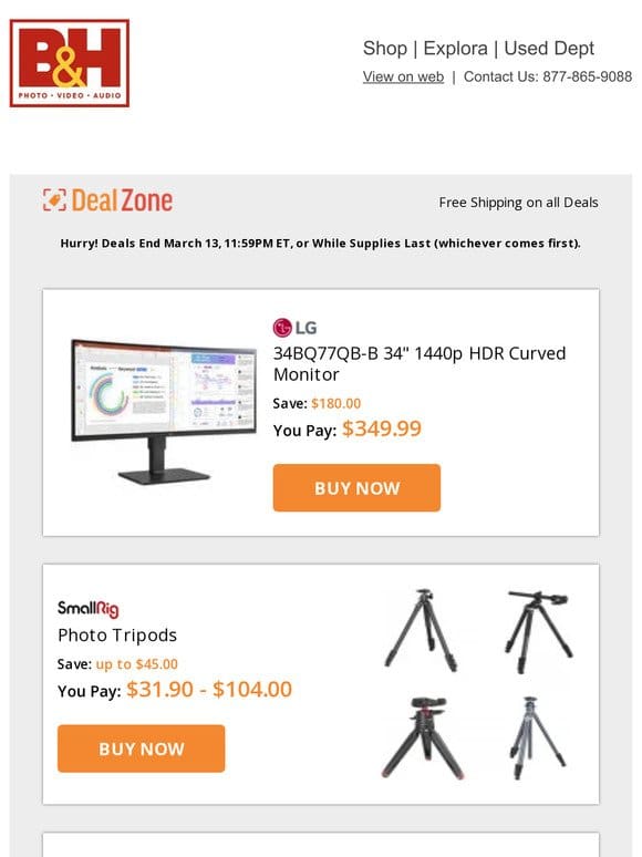 Today’s Deals: LG 34″ 1440p HDR Curved Monitor， SmallRig Photo Tripods， Genaray 120W Twin LED Bi-Color Panel， CAD Equitek E40 Medium-Diaphragm Supercardioid Condenser Mic & More