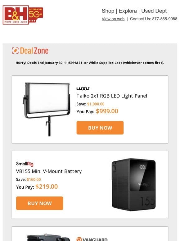 Today’s Deals: Luxli Taiko 2×1 RGB LED Light Panel， SmallRig Mini V-Mount Battery， Vanguard BBH-100 Ballhead， SanDisk 16GB Ultra UHS-I microSDHC Memory Card w/ SD Adapter & Card Reader & More