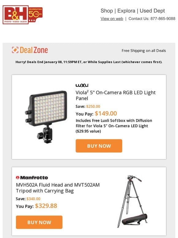 Today’s Deals: Luxli Viola² 5″ On-Camera RGB LED Light Panel， Manfrotto Fluid Head & Tripod w/ Carrying Bag， JOBY GripTight PRO Video GP Stand， Saramonic Vmic5 Pro Camera-Mount Shotgun Mic