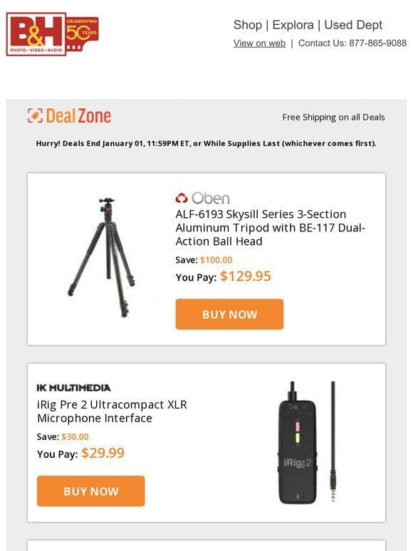 Today’s Deals: Oben Skysill Series 3-Section Aluminum Tripod， IK Multimedia iRig Pre 2 Ultracompact XLR Mic Interface， Photovision 6″ Mini One Shot Digital Target， Vello EZ-Flip Gel Set