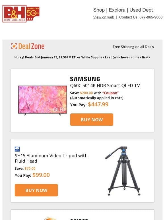 Today’s Deals: Samsung 50″ 4K HDR Smart QLED TV， Sirui Aluminum Video Tripod w/ Fluid Head， Colbor RGB COB LED Video Light， Portabrace Carrying Run Bag for Grip Essentials & More