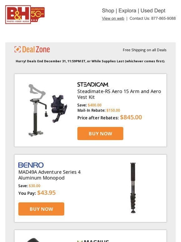 Today’s Deals: Steadicam Steadimate-RS Aero 15 Arm & Aero Vest Kit， Benro Adventure Series 4 Aluminum Monopod， Magnus Monopod Handle Adapter， Tenba Axis V2 Top-Loading Camera Bags