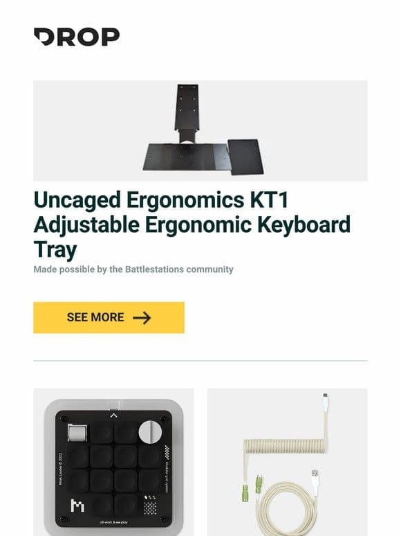 Uncaged Ergonomics KT1 Adjustable Ergonomic Keyboard Tray， Work Louder Creator Micro， Drop Elvish Coiled YC8 Keyboard Cable and more…