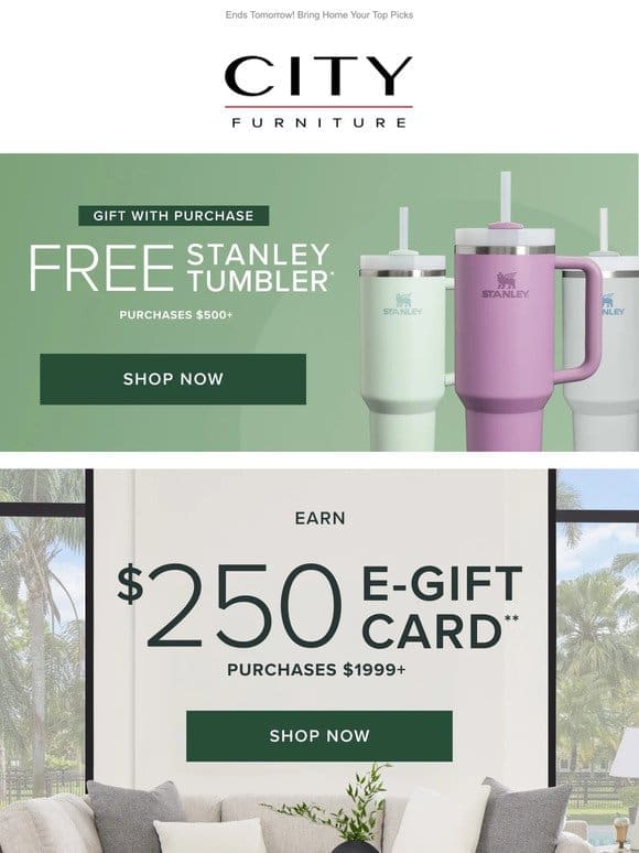 Your Purchase = Free Stanley Tumbler + $250 E-Gift Card!