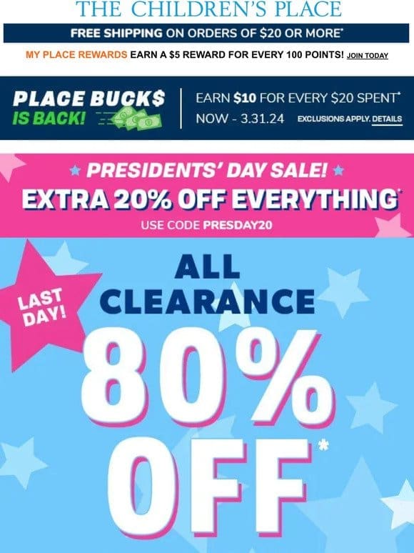 ⚠️LAST DAY: 80% OFF ALL CLEARANCE w/code PRESDAY20 – no exclusions!