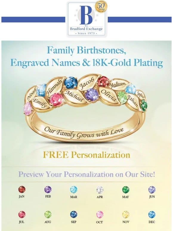 18K Gold-Plated Family Ring with Names and Birthstones