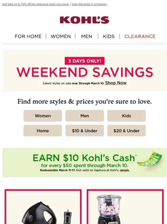 2 DAYS LEFT! Shop Weekend Savings & earn Kohl’s Cash