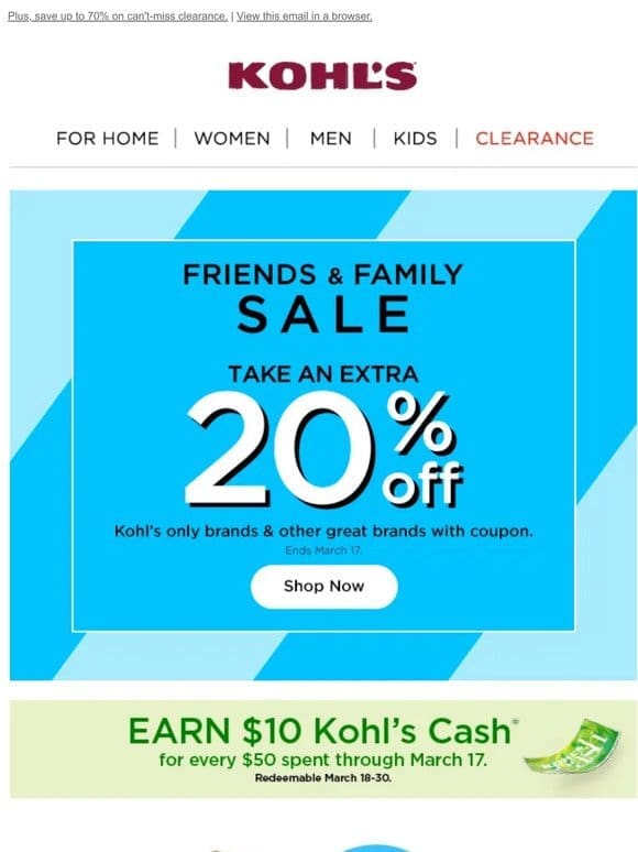 20% off + Kohl’s Cash … go ahead， tell a friend!