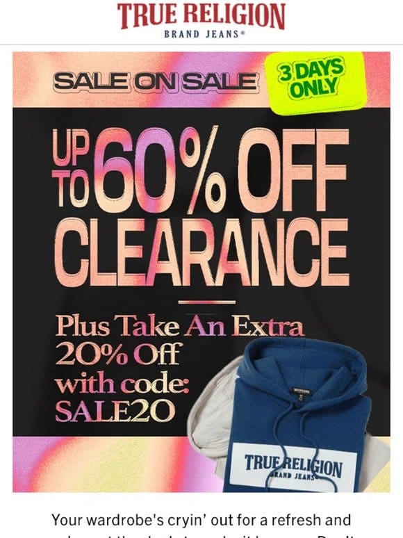 60% OFF CLEARANCE + EXTRA 20% OFF