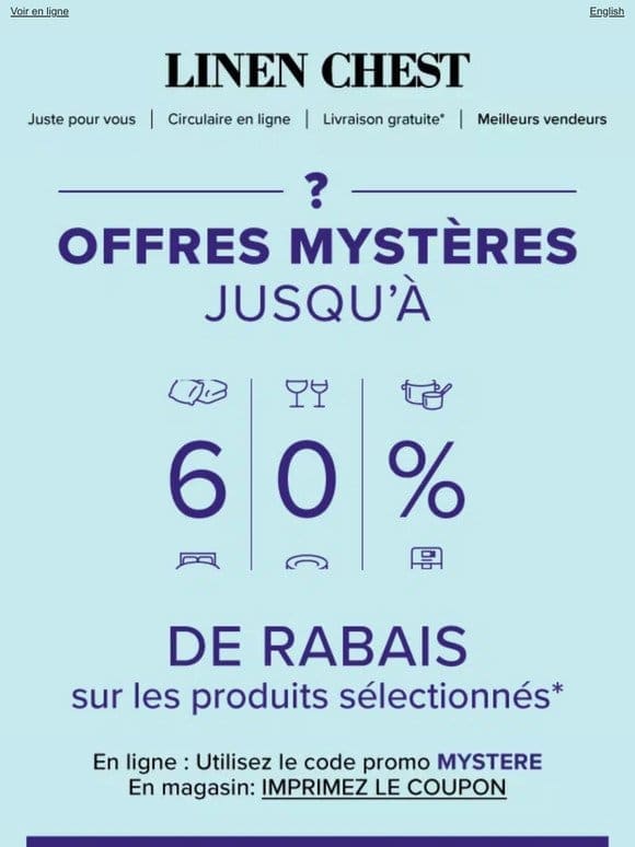 DE RETOUR! Nouveaux RABAIS MYSTÈRES jusqu’�� -60%