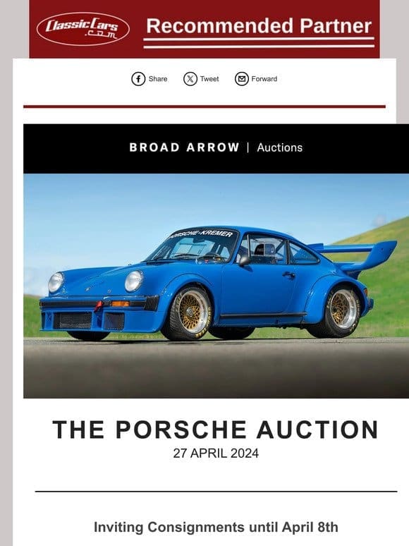 Deadlines Approaching for Broad Arrow’s The Porsche Auction in Partnership with Air|Water