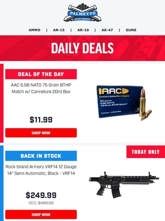 Deal of the Day! | $11.99/Box For AAC 5.56 NATO 75gr BTHP Today Only!
