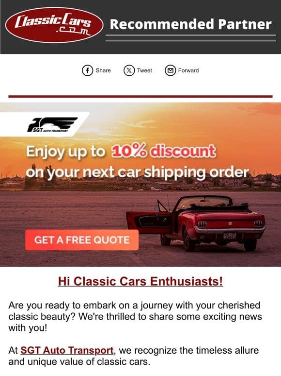 Exclusive Discount: Up to 10% Off Classic Car Shipping!