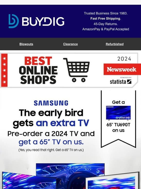 Free 65″ TV when you Preorder a New Samsung TV， Shop NOW!