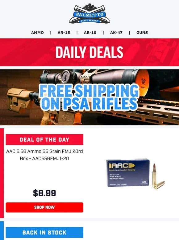 Free Shipping On PSA Rifles! & AAC 5.56 55gr FMJ 20rd Box $8.99!