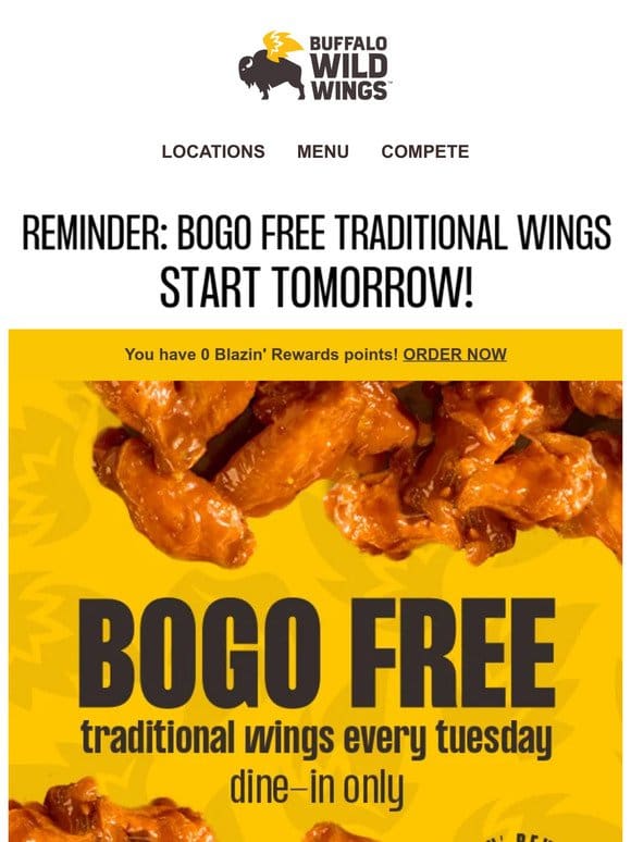 Free traditional wings tomorrow