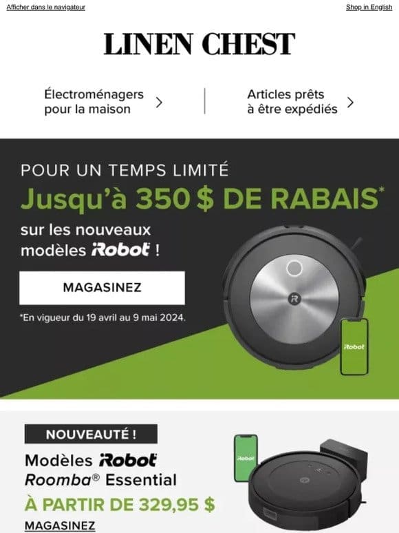 Jusqu’à -350$ sur les nouveaux modèles iRobot – Pour un temps limité!