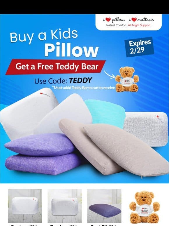 Last Chance to Get a FREE Teddy Bear with your Kids Pillow purchase