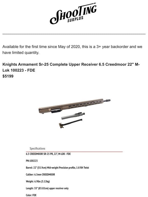 NEW Knights Armament Sr-25 Complete Upper Receiver 6.5 Creedmoor 22″ M-Lok 100223 – FDE $5199