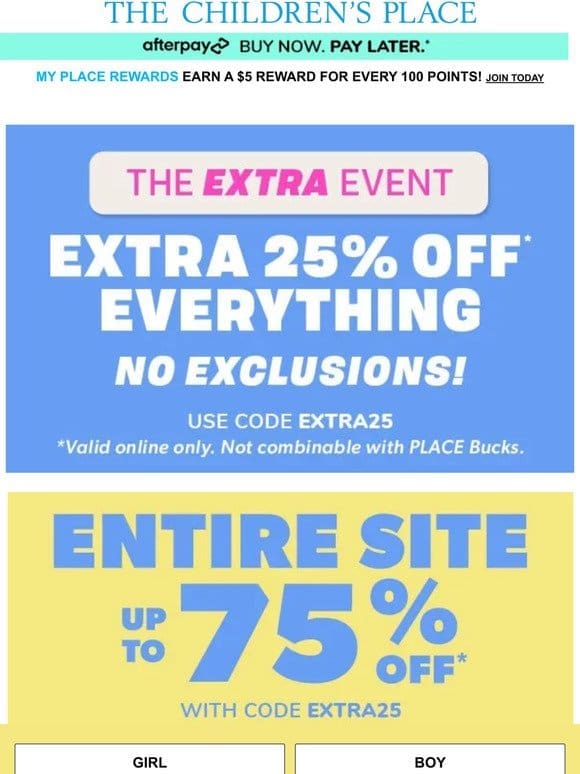 NOW ON: up to 75% OFF ENTIRE SITE! Use code EXTRA25