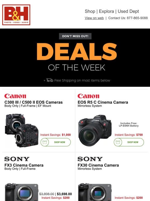 New Savings on Cameras， Lenses， Lighting， Pro Audio， Printers & More!