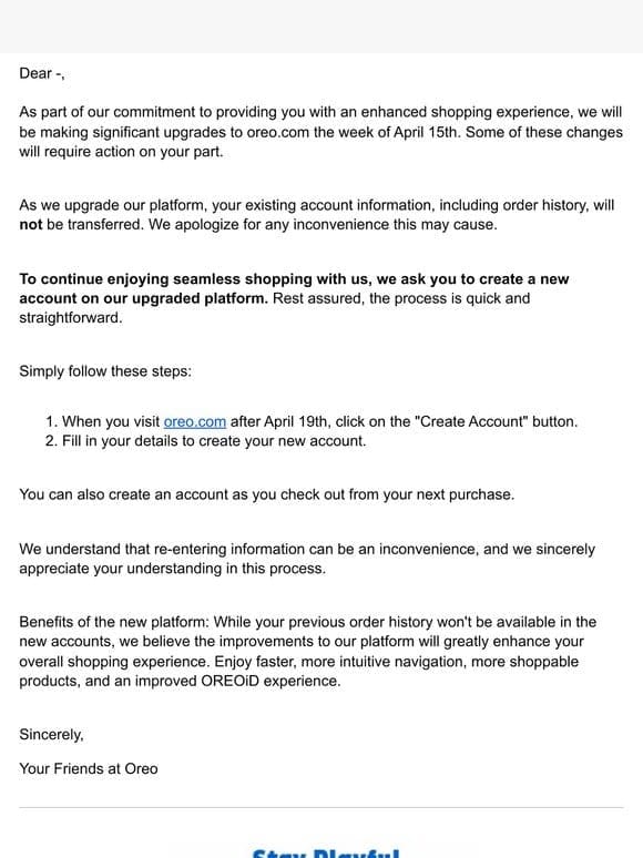 Please Prepare to Update Your Oreo Account