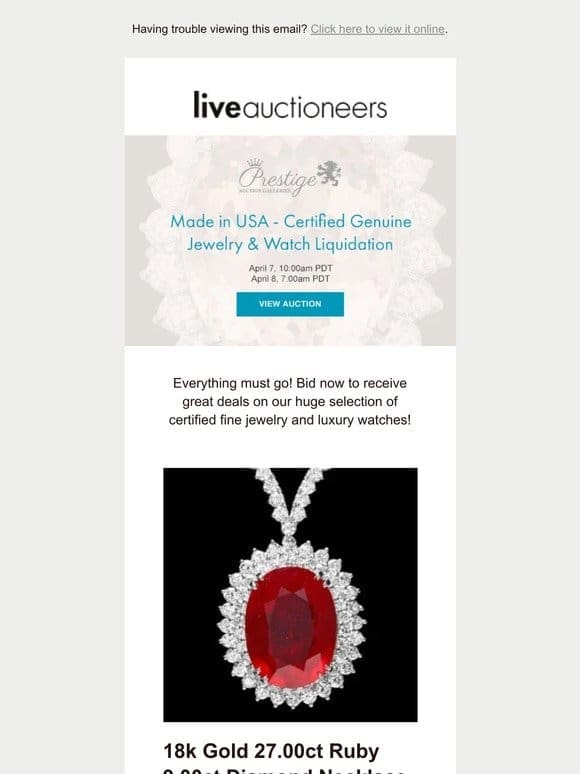 Prestige Auction Galleries | Made in USA – Certified Genuine Jewelry & Watch Liquidation