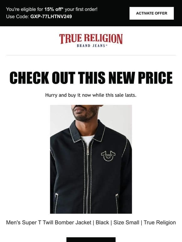 Price drop! The Men’s Super T Twill Bomber Jacket | Black | Size Small | True Religion is now on sale…