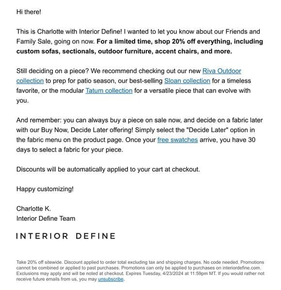 RE: your 20% off at Interior Define