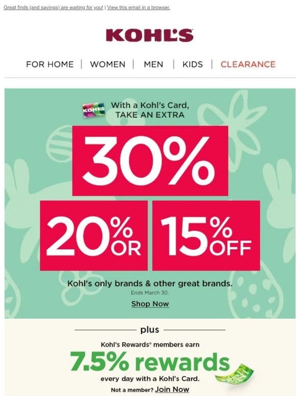 STARTS TODAY! Take 30%， 20% or 15% off + get Kohl’s Cash to boot