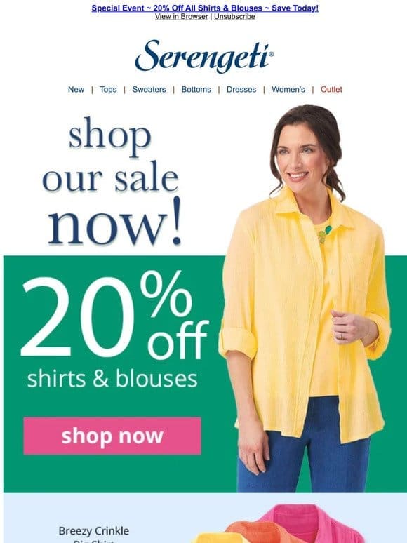 Save 20% ~ You’re Invited to Shop Online ~ Shirts， Blouses & More!