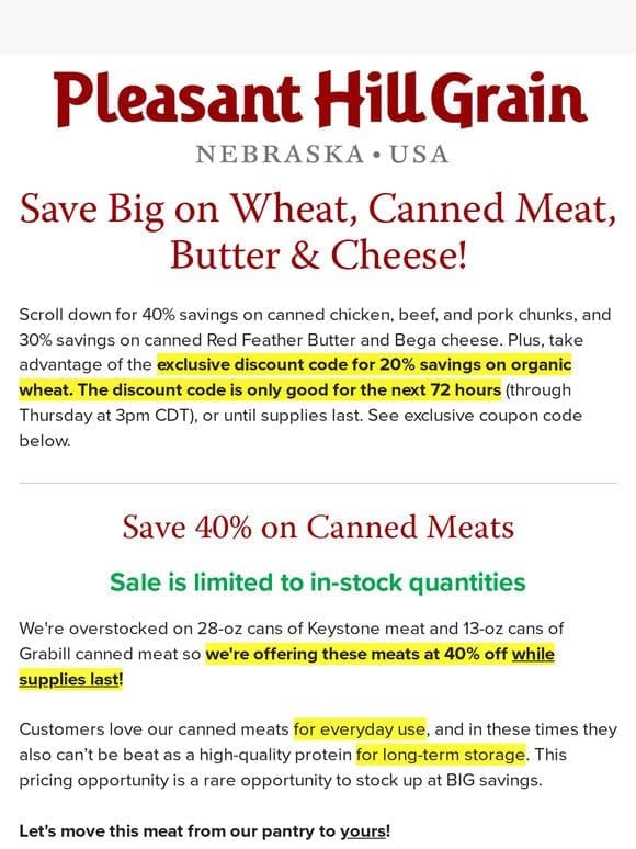 Save BIG on Wheat， Canned Meat， Butter & Cheese! — PHG Newsletter