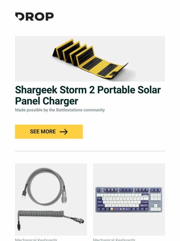 Shargeek Storm 2 Portable Solar Panel Charger， Mechcables Susuwatari Custom Coiled Aviator USB Cable， SoulCat To the Universe Dye-Subbed PBT Keycap Set and more…