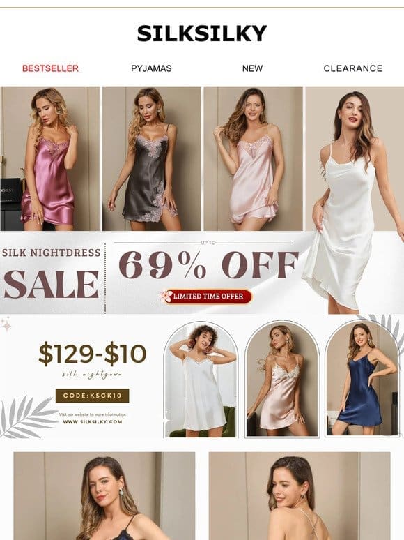 Silk Nightgown & Silk Accessories: Up To 69% Off. Pick Now!