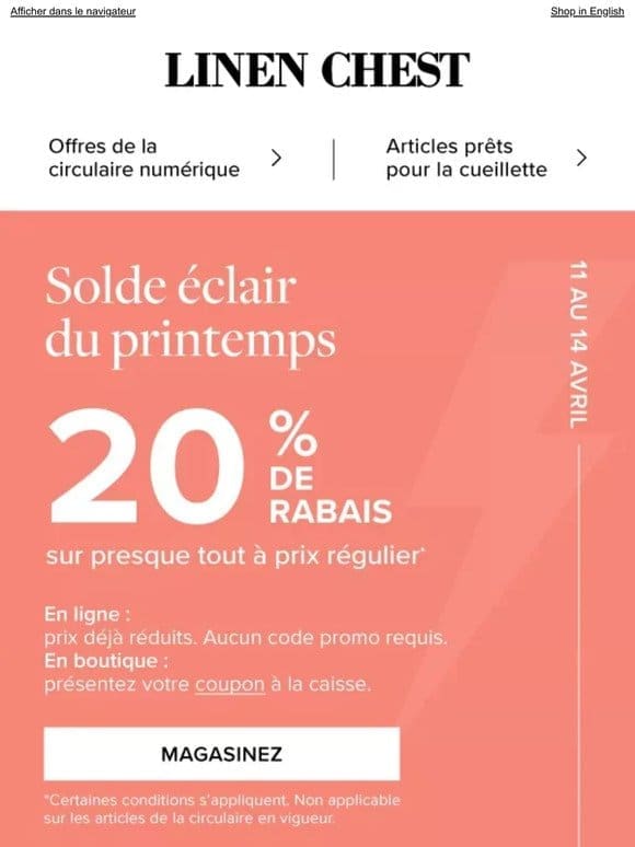 Solde éclair ️  20% sur prix rég. et EXTRA 10% sur les soldes!