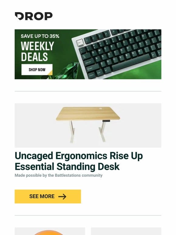 Uncaged Ergonomics Rise Up Essential Standing Desk， The Eye Key Dragon Stars of Antarctica Artisan Keycap， Drop CTRL V2 Mechanical Keyboard PCBA and more…