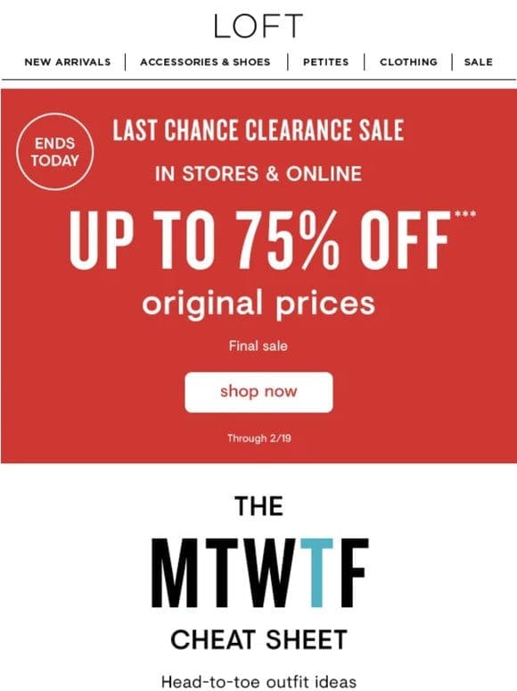 Up to 75% off original prices ENDS TODAY!