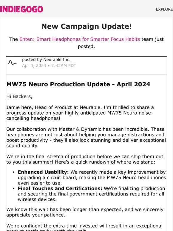 Update #20 from Enten: Smart Headphones for Smarter Focus Habits
