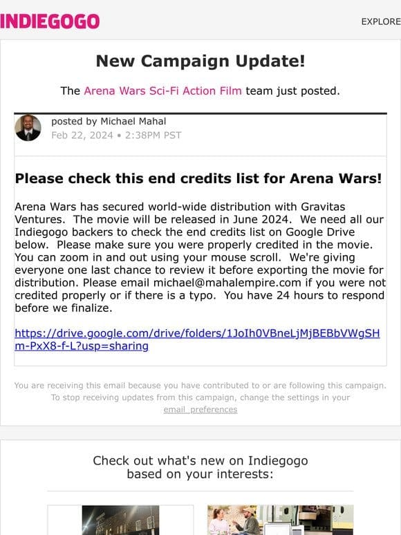 Update #292 from Arena Wars Sci-Fi Action Film