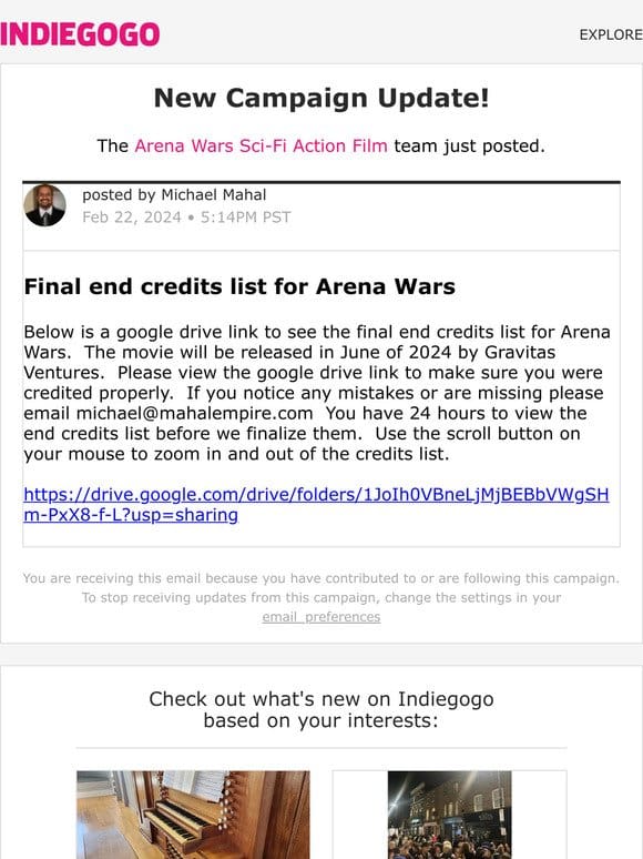 Update #293 from Arena Wars Sci-Fi Action Film